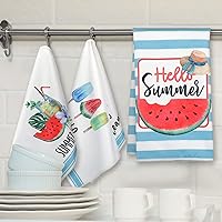 Vista 2 de Kajaia 4 toallas de cocina de verano, gnomo, sandía, té, mano, cocina, cocina, baño, toalla absorbente de color azul y blanco a rayas para cocina