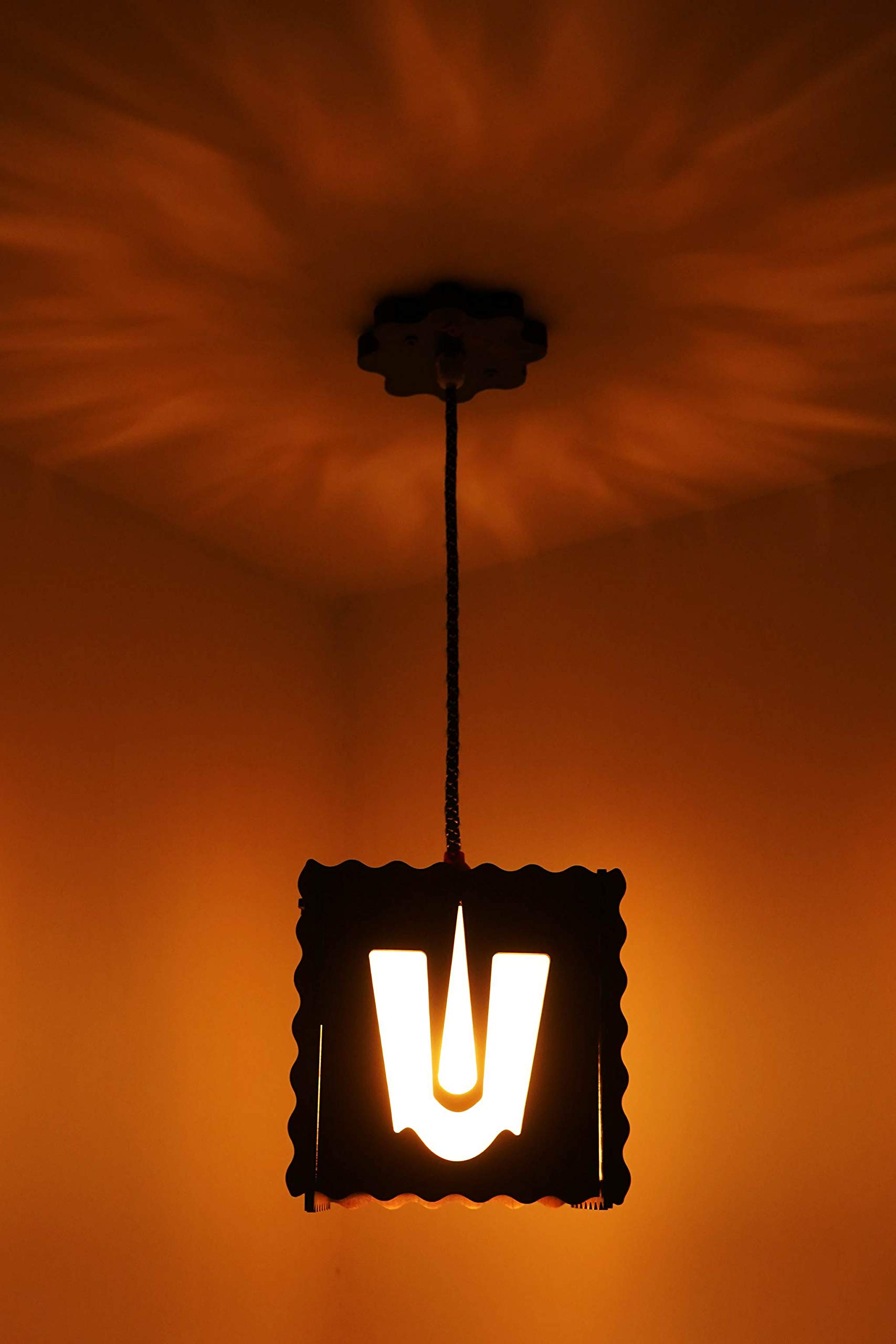 501 Balaji Wooden Ceiling Hanging Lamp Shade with 15w Bulb Night Pendant Light | for Home Living Room Pooja Ghar, | Pack of 1 Beige-image-24