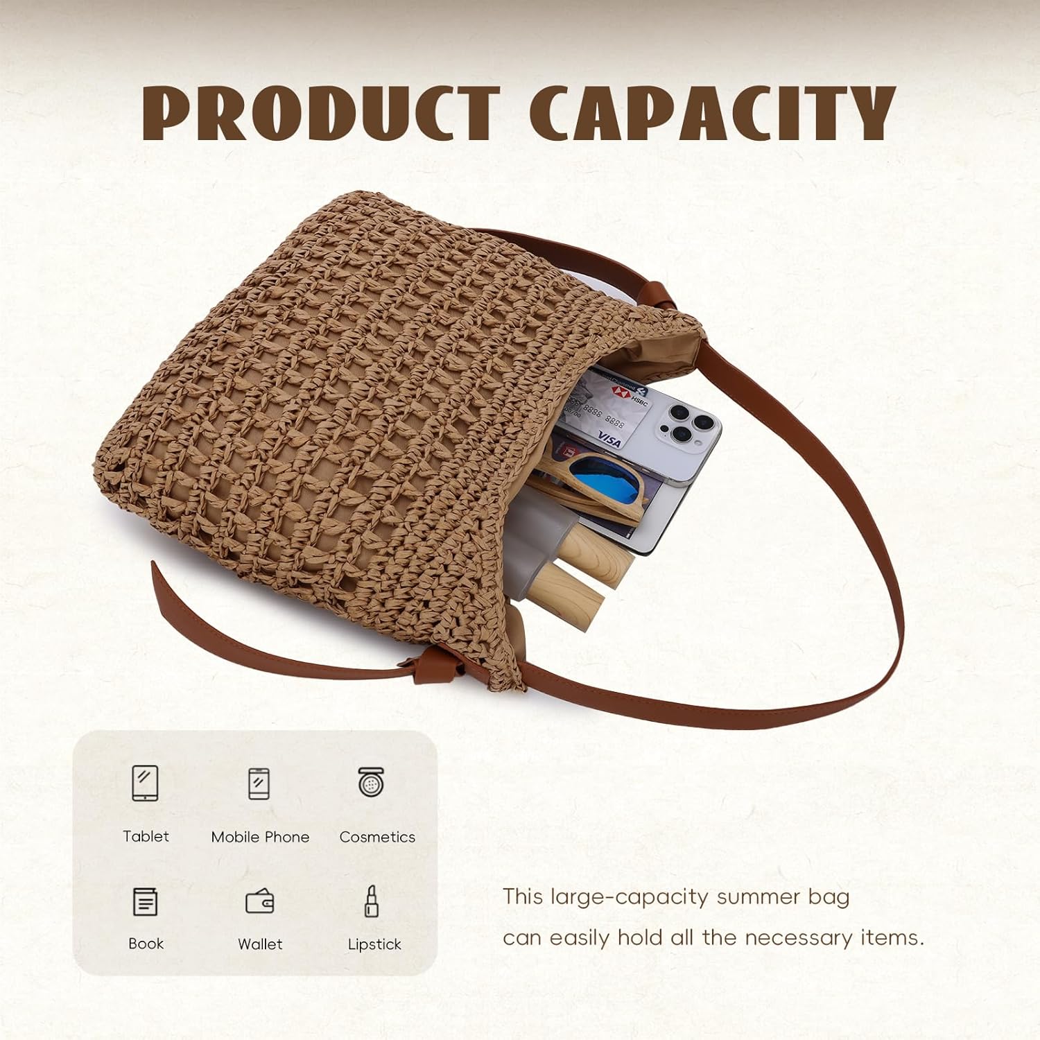 KUANG! Women's Straw Bags Beach Tote Bag Handwoven Hobo Bag PU Handle Large Summer Straw Bag