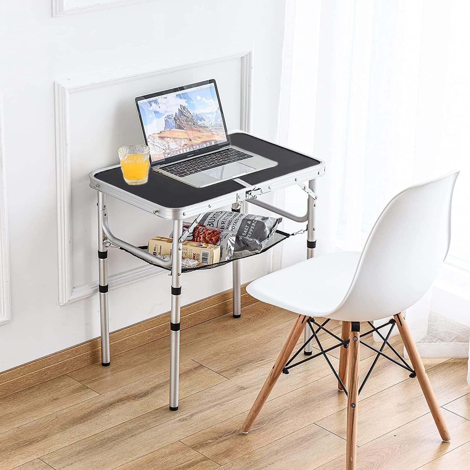 YUFIFAIRY Small Folding Table 2 Foot, Portable Camping Table with Mesh Holders,Lightweight Aluminum Adjustable Height, with Carry Handle for Camping Picnic Indoor Outdoor, White 24 x 16 inch (Black