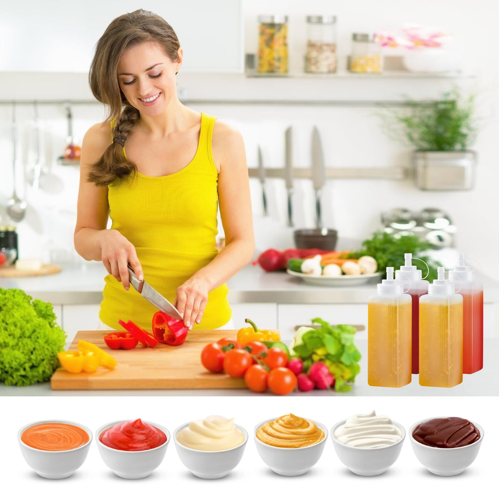 BORDEAG 4 bottiglie da spremere, bottiglia da 1000 ml con tappi, spremere Condiment, bottiglie vuote di plastica, bottiglie a spruzzo, salsa per ketchup, salsa, piccante, olio d'oliva