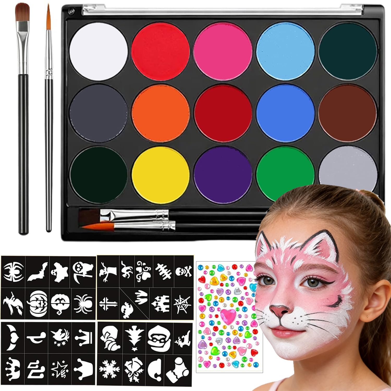 Children's Make-Up Set, 15 Colours Make-Up Colours, Make-Up Palette, Washable Face Paint, Body Paint Set, 34 Stencils, 1 Rhinestone Sticker, Children's Body Colour for Halloween, Carnival, Make-Up