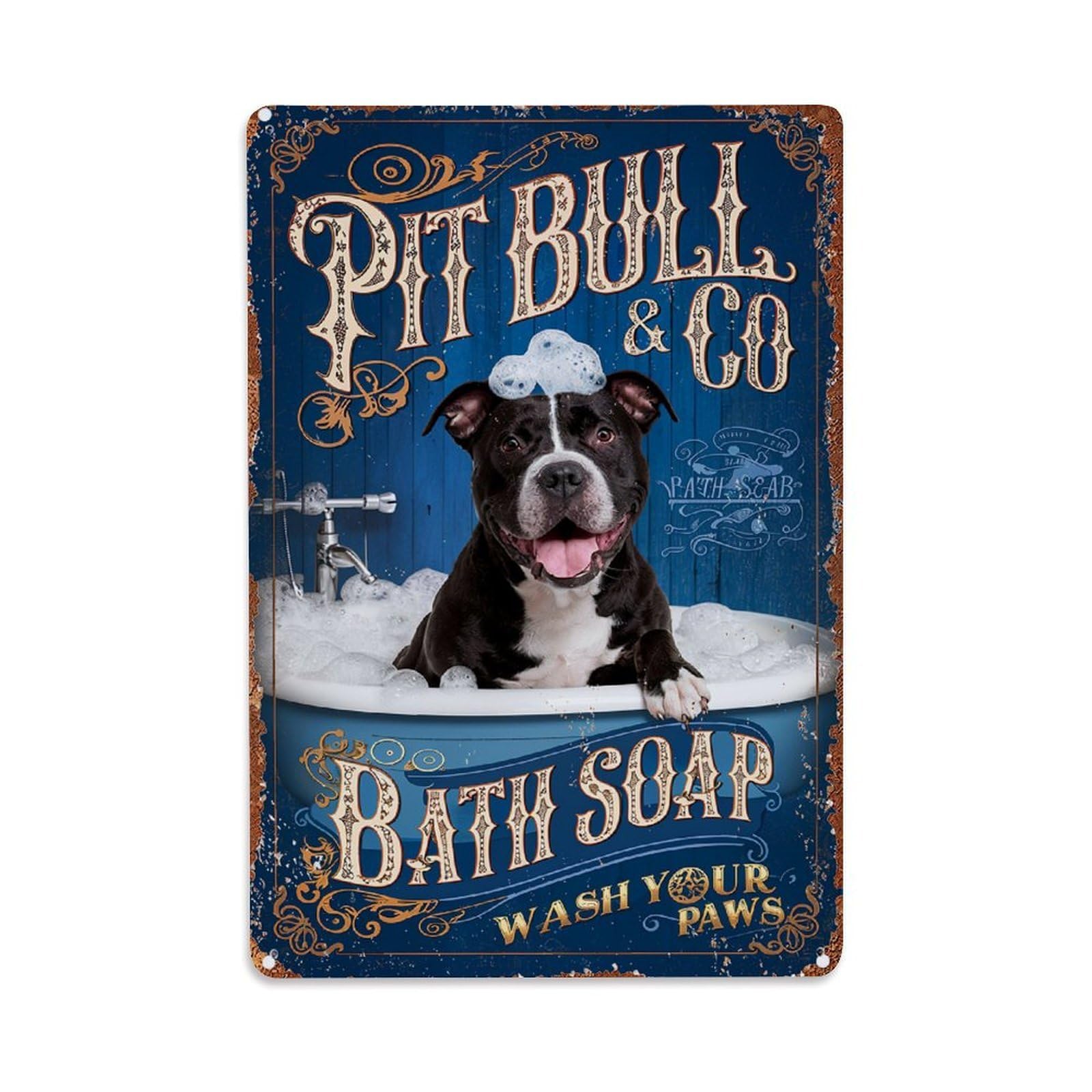 Pit Bull Bath Soap Wash Paws Retro Metal Tin Sign, Vintage Decor Art Poster for Bar, Home, Man Cave, Kitchen, Laundry Room Gift 8x12Inch