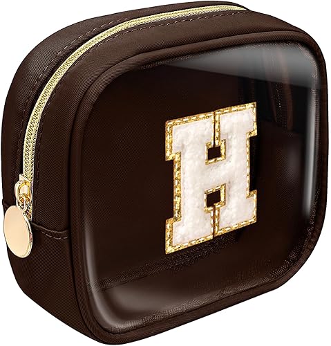Pequeña bolsa de maquillaje transparente con letra inicial personalizada, bolsa de maquillaje de nailon con parche preppy de chenilla, letra A-Z,