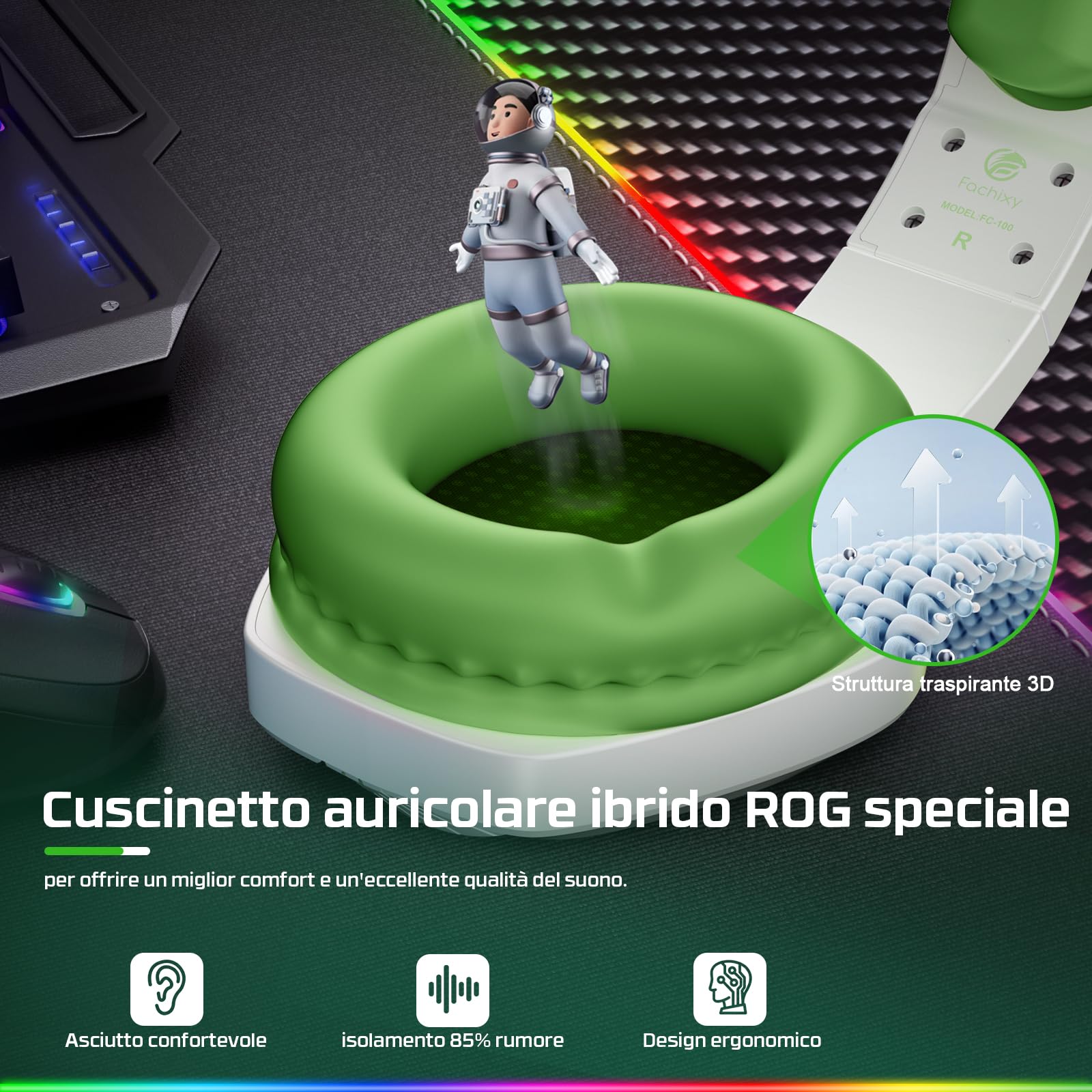 Fachixy 「2024 New」 FC100 Cuffie Gaming per PS4 PS5 PC Xbox Nintendo Switch, con Luce RGB, con Microfono, Audio Stereo, con Cancellazione Del Rumore con filo - BIANCO VERDE