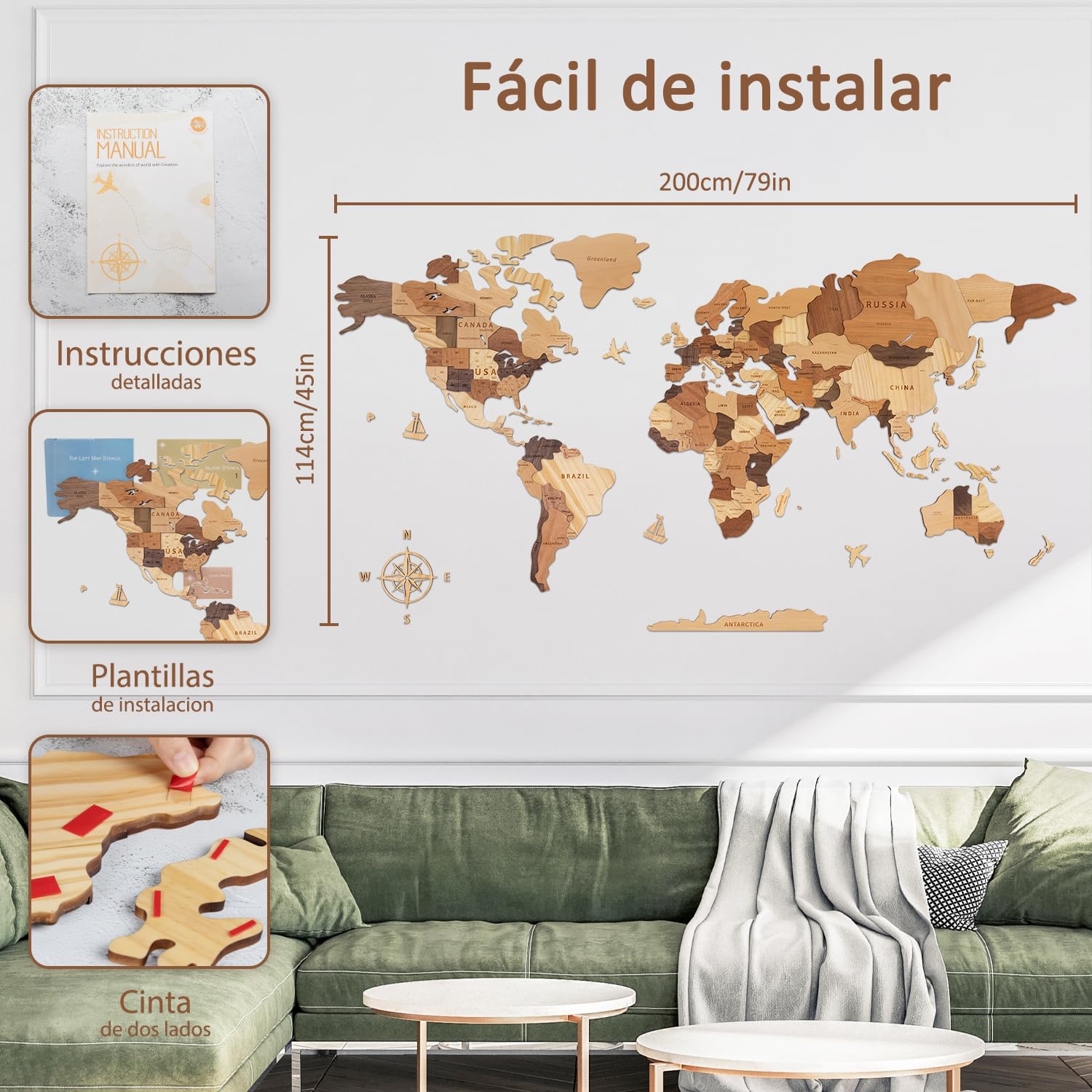 Creawoo Mapa del Mundo 3D de Madera para Decoración de Pared, Grande Mapamundi Maciza Natural Multicapa Arte de Pared para Oficina Sala de Estar Dormitorio, Mapamundi de Viaje de Madera-200x114cm