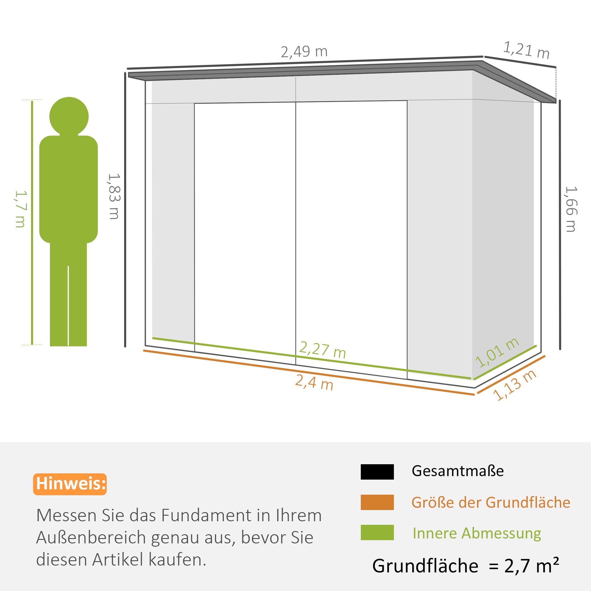 Outsunny Metall Gerätehaus 2,7 m² Pultdach Doppeltür 249x121x183cm Grau | Abschließbar, Fenster, Geräteschuppen, Gartenhaus, Outdoor Garten Schuppen Schrank, für Hinterhof Außenbereich