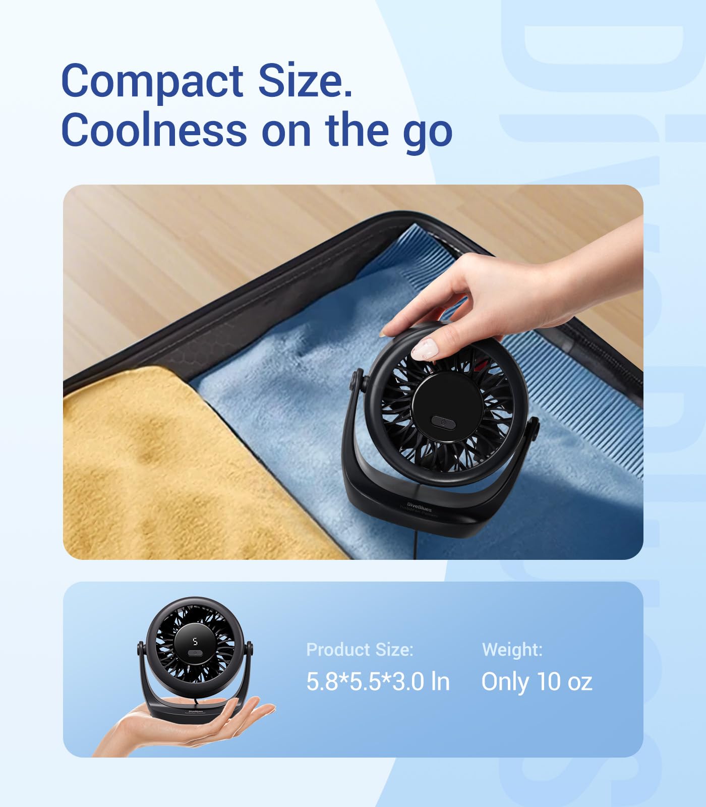 Diveblues Ventilatore da Scrivania USB, Mini Ventilatore Ultra Silenzioso, Potente, Display LED, 5 Velocità, Rotazione 360°, Portatile per Casa, Ufficio & Esterno – TurboBreeze