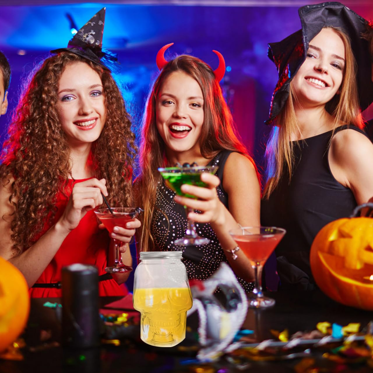 Cabilock 6 bottiglie trasparenti per bevande, a tema Halloween, ricaricabili, con coperchio, multifunzione, per feste ed eventi