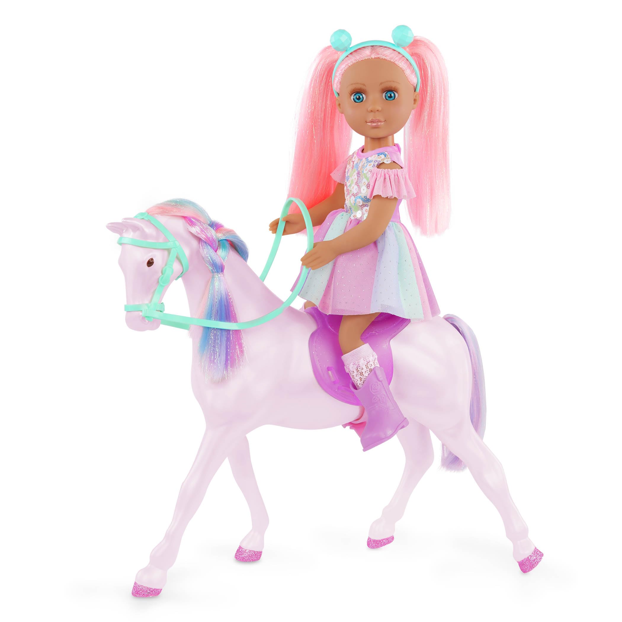 Glitter Girls – 14-inch Doll and Toy Horse – Blue Eyes & Pink Hair – Rainbow Mane & Removable Saddle – Cowgirl Boots, Top Hat & Dress – Toys for Kids 3 Years+ – Areli & Adore