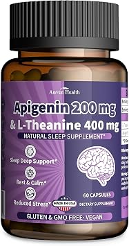 400mg L-Theanine with 200mg Apigenin Supplement for Sleep-Natural Relaxation & Stress Relief - Gluten Free,Non-GMO, Zero Fillers - Made in USA | 60 Veggie Capsules