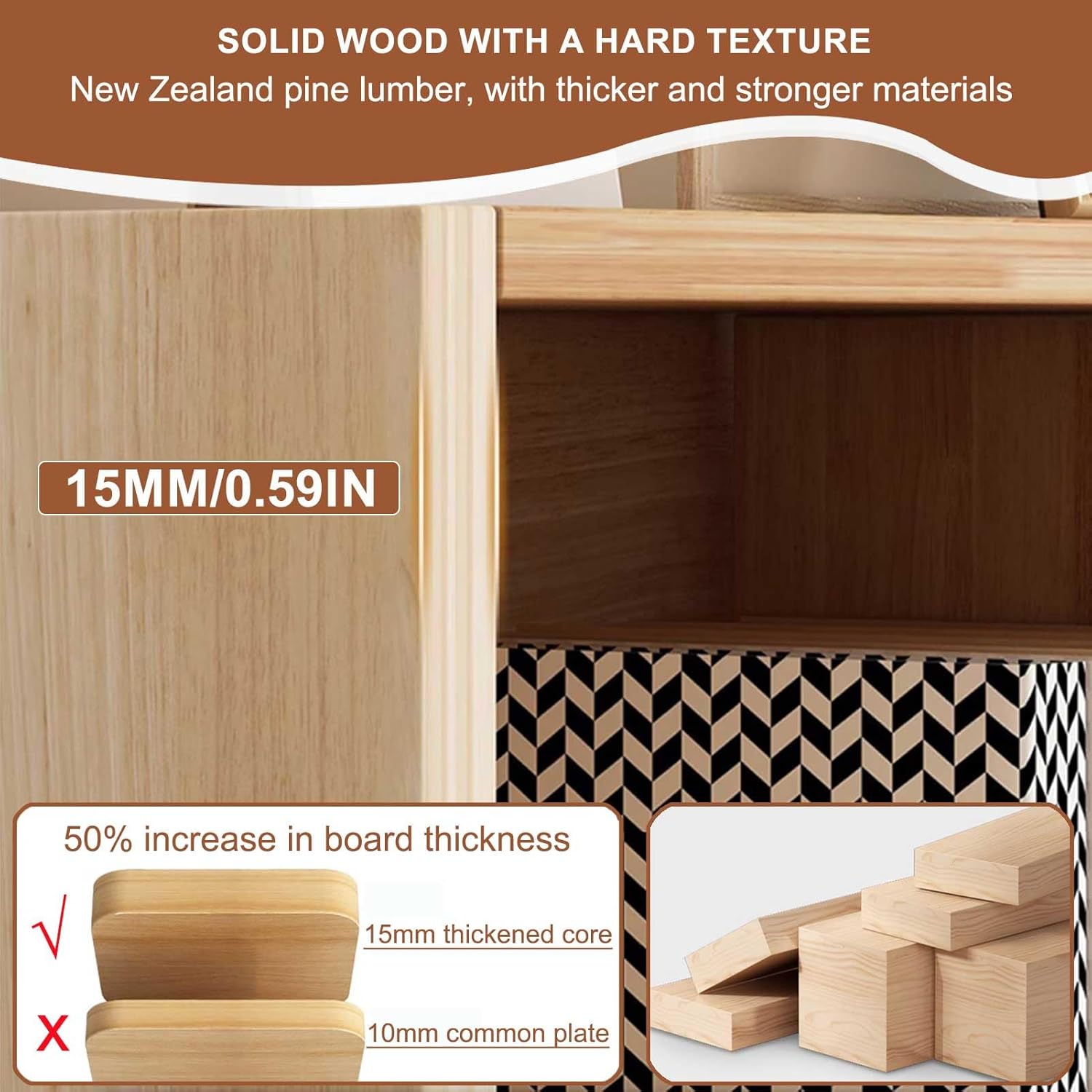 Close-up of 15mm thick solid wood panel