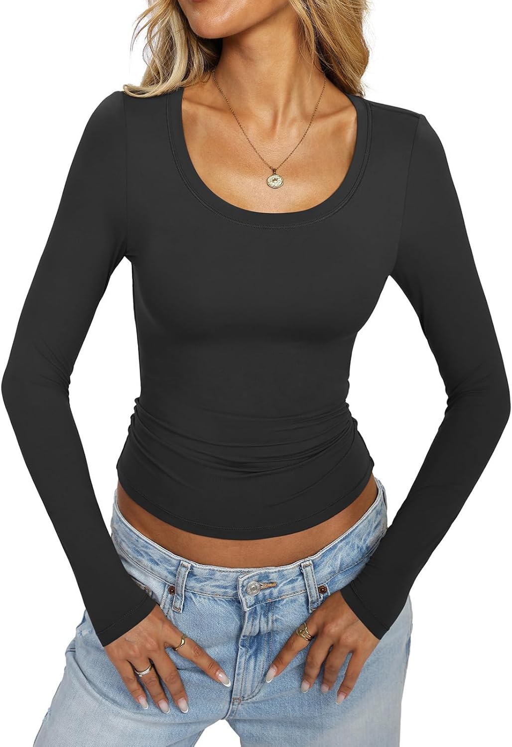 Womens Double Lined Scoop Neck Long Sleeve Shirts Fitted Basic Tee Y2k Going Out To...