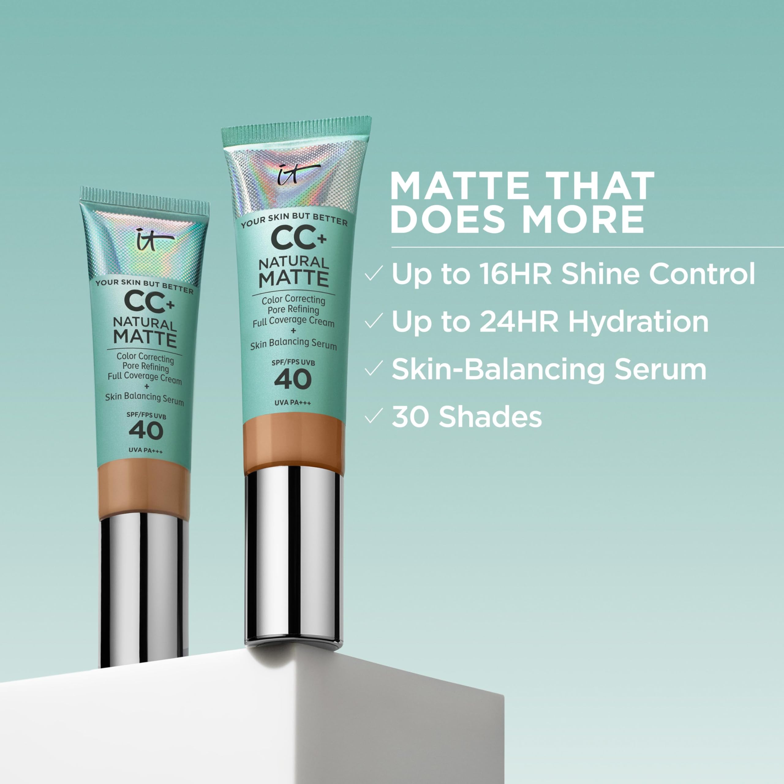 IT Cosmetics Full Coverage Foundation, Natural Matte, Made with Hyaluronic Acid, SPF 40 Protection, Your Skin But Better CC+ - Image 4