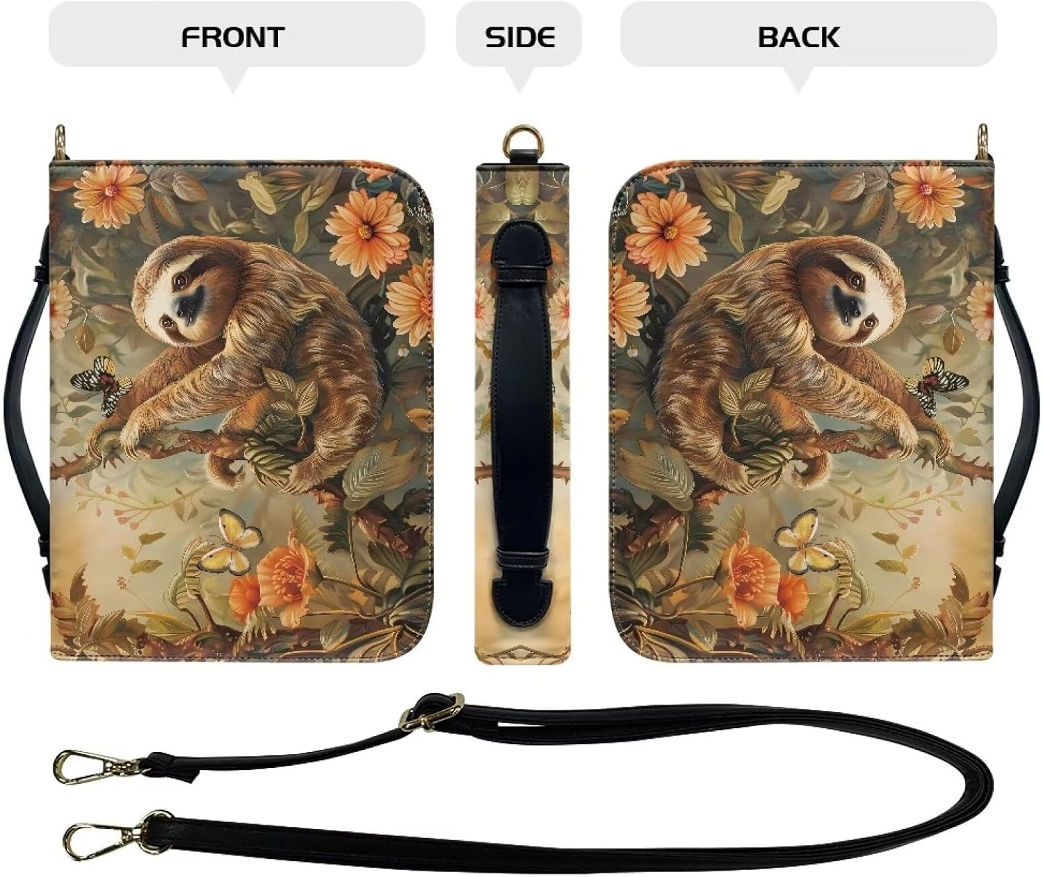 Talayituse Sloth Butterfly Flower Print Bible Cover for Women Men PU Leather Book Carrying Case, Lightweight Church Bag Bible Protective Bible Tote Bag with Shoulder Strap for Notebook Tablet, 2XL