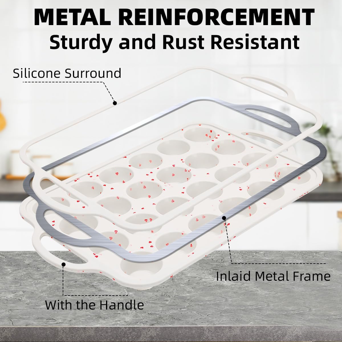 CAKETIME Mini Muffin Pan, Metal Reinforced Frame Mini Cupcake Pans 24 Cups Nonstick Muffin Silicone Molds with Handle for Baking Muffins, Cupcakes, Egg Bites 2 Pack Heart-Shaped - Image 2