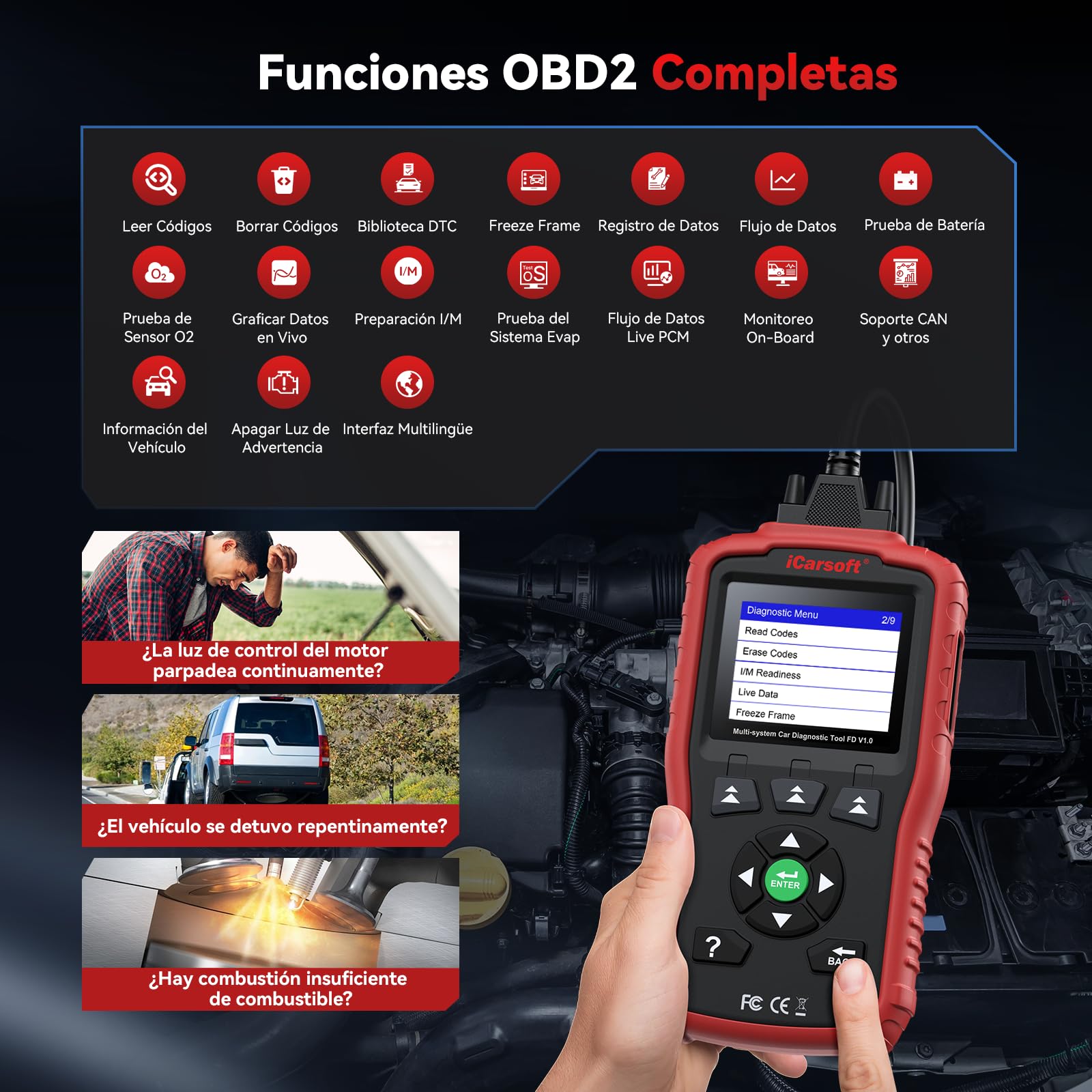 iCarsoft FD V1.0 OBD2 Máquina Diagnosis Coche para Ford/Holden, Escáner de Todo el Sistema, Reinicio de Aceite, Calibración SAS, Prueba de Batería, Actualización de por Vida