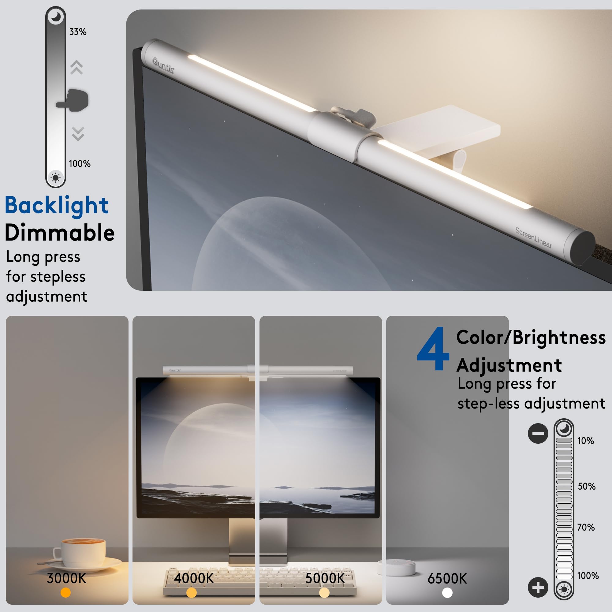 Quntis White Monitor Light Bar Remote & Backlight for Eye Caring 40cm Curved Computer Screen Light Bar Stepless Dimming Hue Adjustment - Image 4