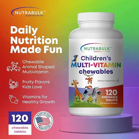 NutraBulk Childrens Chewable Multi-Vitamins - Promoting Kids' Overall Development - USA-Made, May Help to Support Immune, Bone, Brain & Overall Well Being- Vegan & Gluten Free - 120 Cherry Tablets