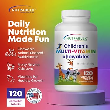 NutraBulk Childrens Chewable Multi-Vitamins - Promoting Kids' Overall Development - USA-Made, May Help to Support Immune, Bone, Brain & Overall Well Being- Vegan & Gluten Free - 120 Cherry Tablets