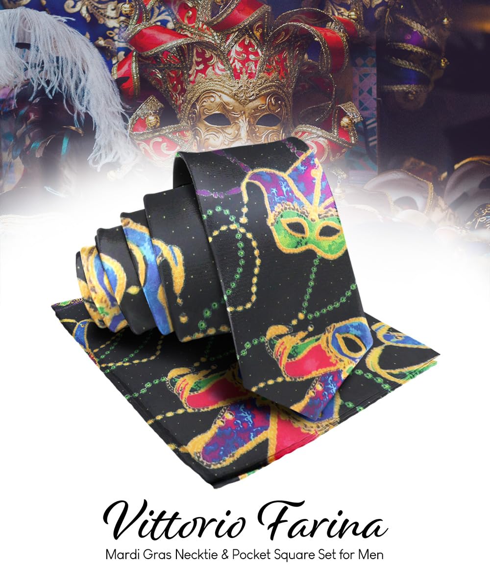 Vittorio Farina Mardi Gras Necktie & Matching Pocket Square Set (Mardi #5: Colorful Black Mask)
