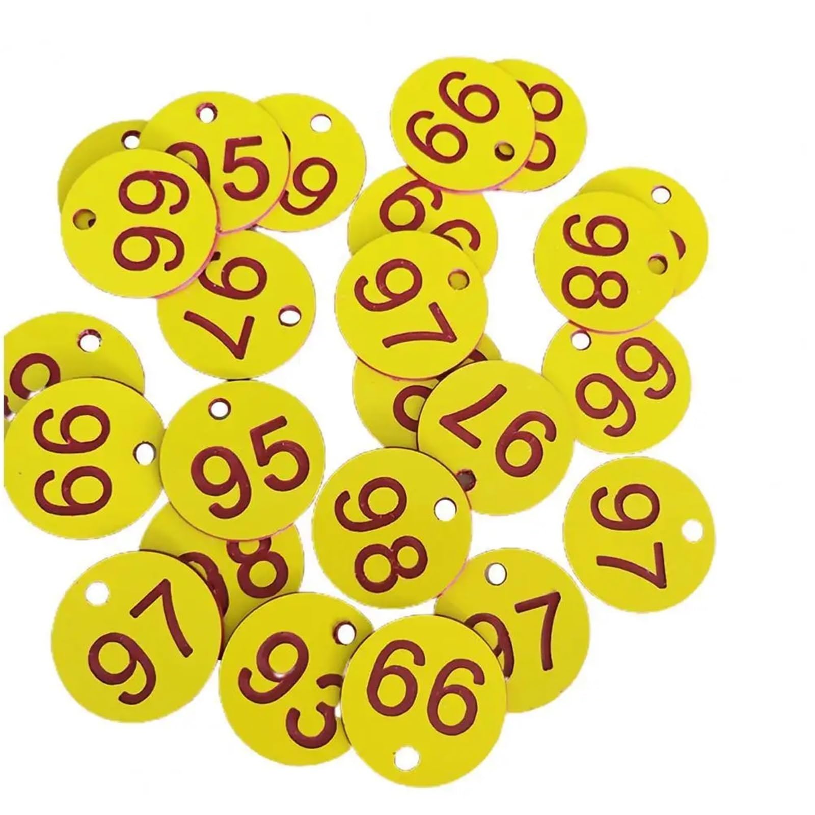 Plastikowe zawieszki z numerami, Plastikowe zawieszki z numerami, opakowanie 100 szt. Wielokolorowe, o średnicy 3,5 cm, otworami ponumerowanymi 1-100(Yellow)