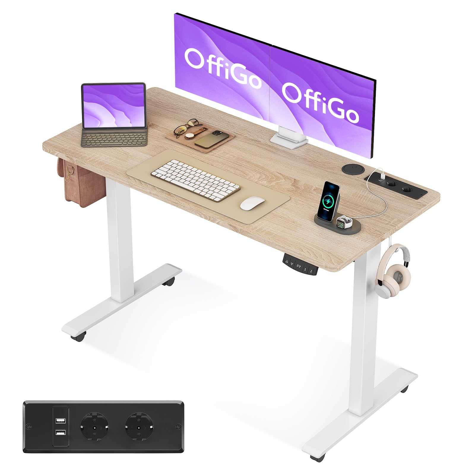 Escritorio Elevable, 120cm, Mesa Elevable Escritorio con Carga USB, Mesa Regulable Altura con 2 Memorias, Escritorio Elevable para Oficina, Casa, Juegos, Beige