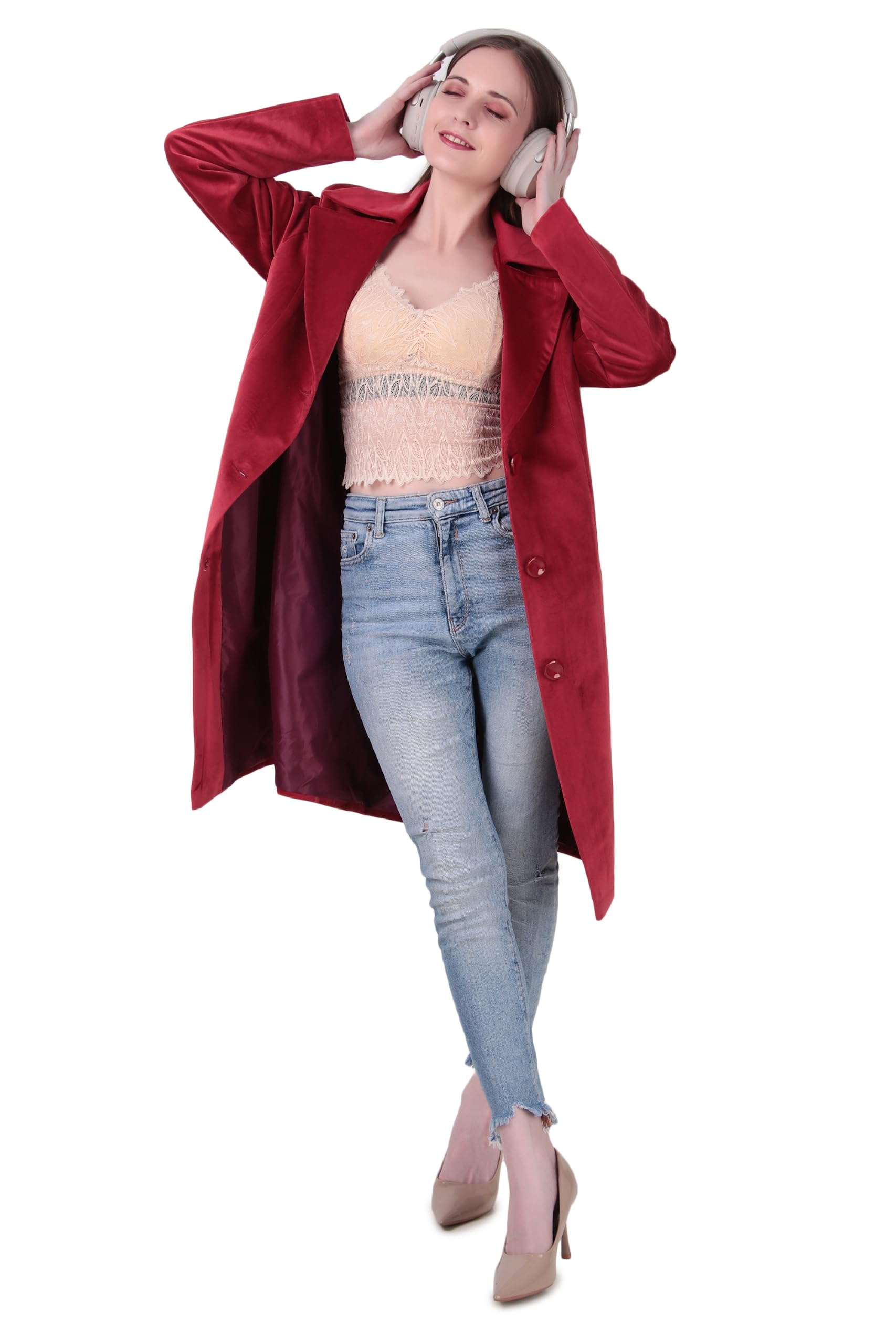 Women's Classic Lapel Pea Coat | Single-Breasted Mid-Length Winter Overcoat with Button Closure, Full Sleeves & Side Pockets | Regular Fit Stylish Outerwear | Wine Red-image-37