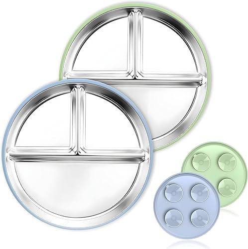 2 peças de prato infantil de aço inoxidável com sucção, pratos divididos de metal com mangas de silicone removíveis para crianças, pratos de lanche antiderrapantes inquebráveis para bebês