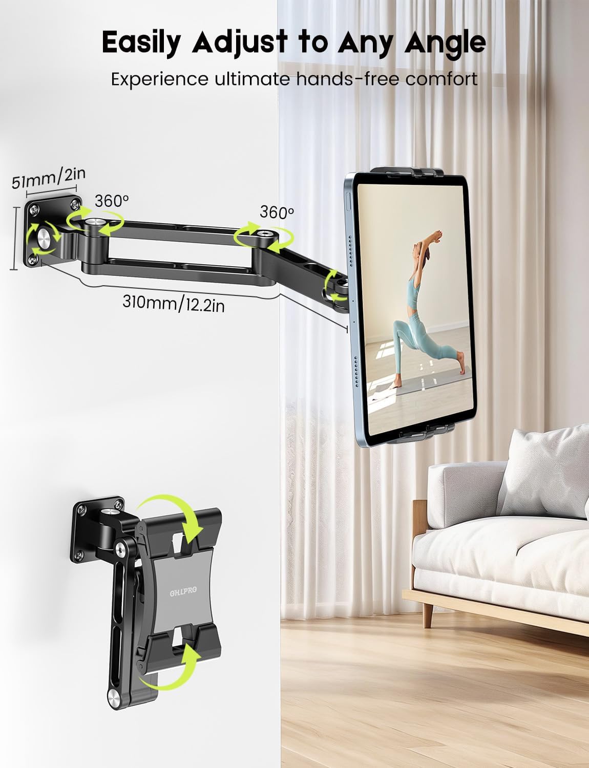 OHLPRO Tablet Wall Mount Holder for iPad with 360° Rotating Adjustable 2-Stage Foldable Aluminum Arm, Wall Phone Holder for 5-13" iPhone iPad Tablet, Great for Home Gym Kitchen Office