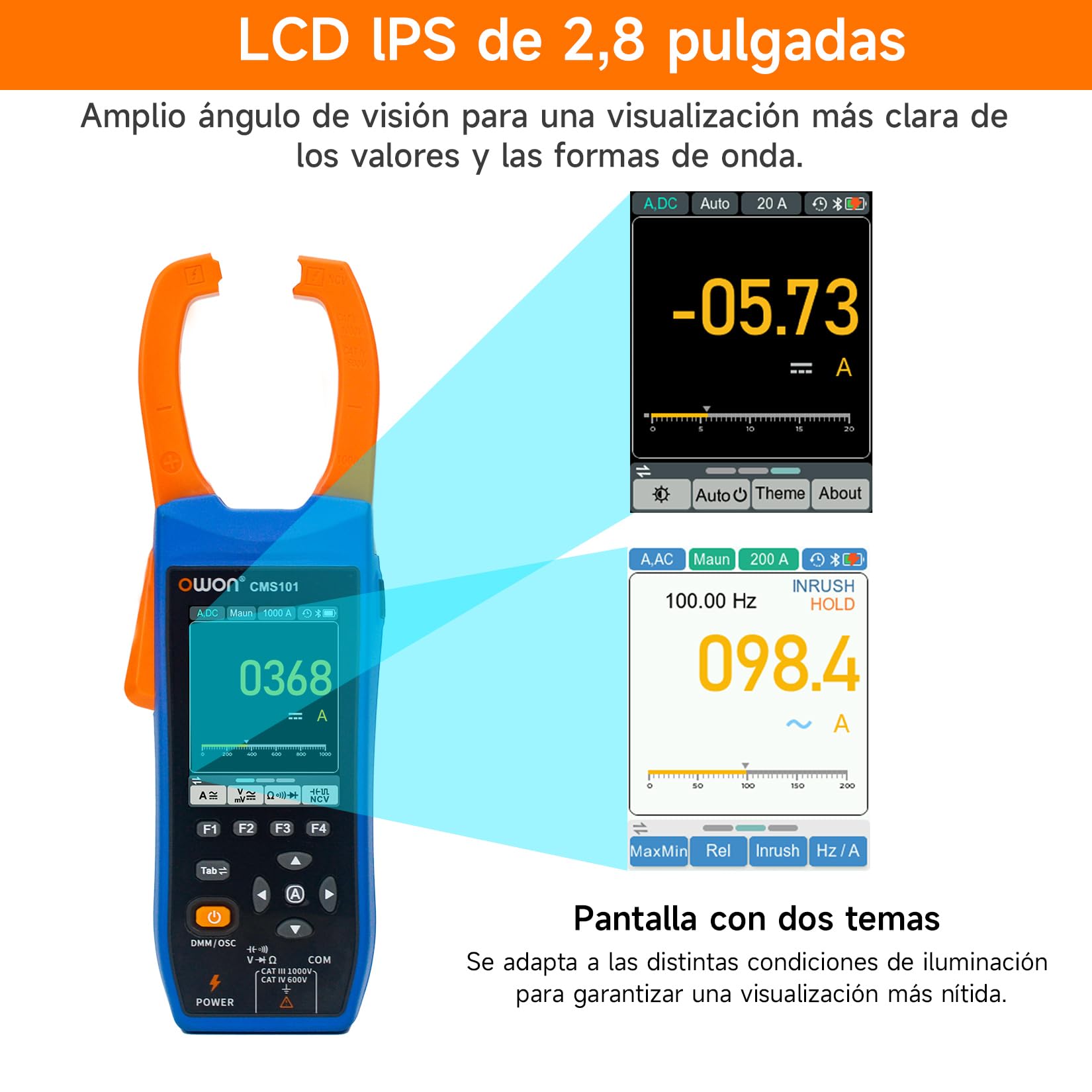 OWON medidor de pinzas AC/DC, función de escritura, 3 en 1 (osciloscopio, medidor de corriente y voltaje), vehículo eléctrico Bluetooth