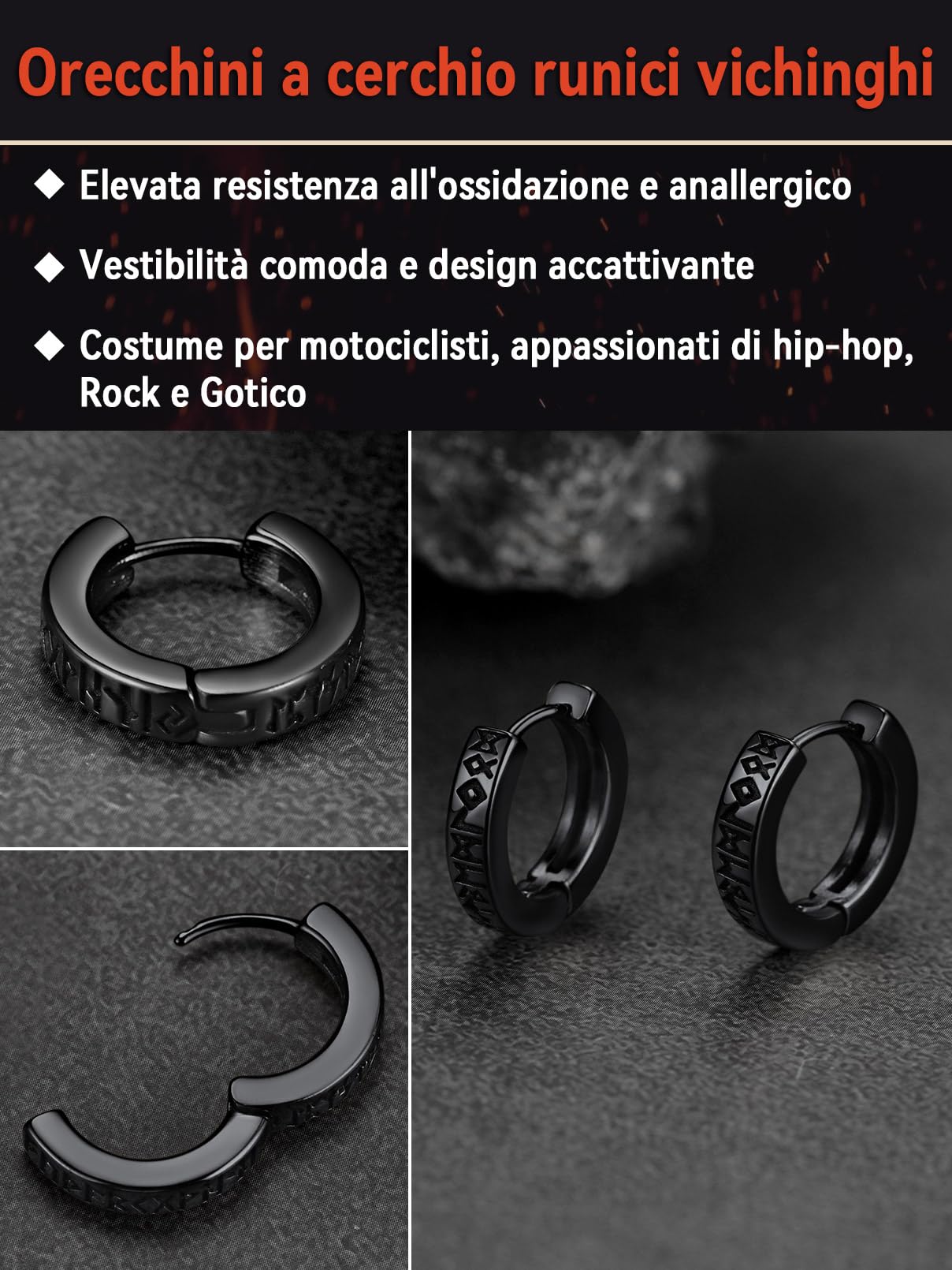 FaithHeart Uomo Donna Orecchini Cerchio di Rune Vichinghe Rune Celtiche Orecchini Cerchio Argento 925 / Acciaio Inox Antiallergico con Onice Gioielli Amuleto Nordico