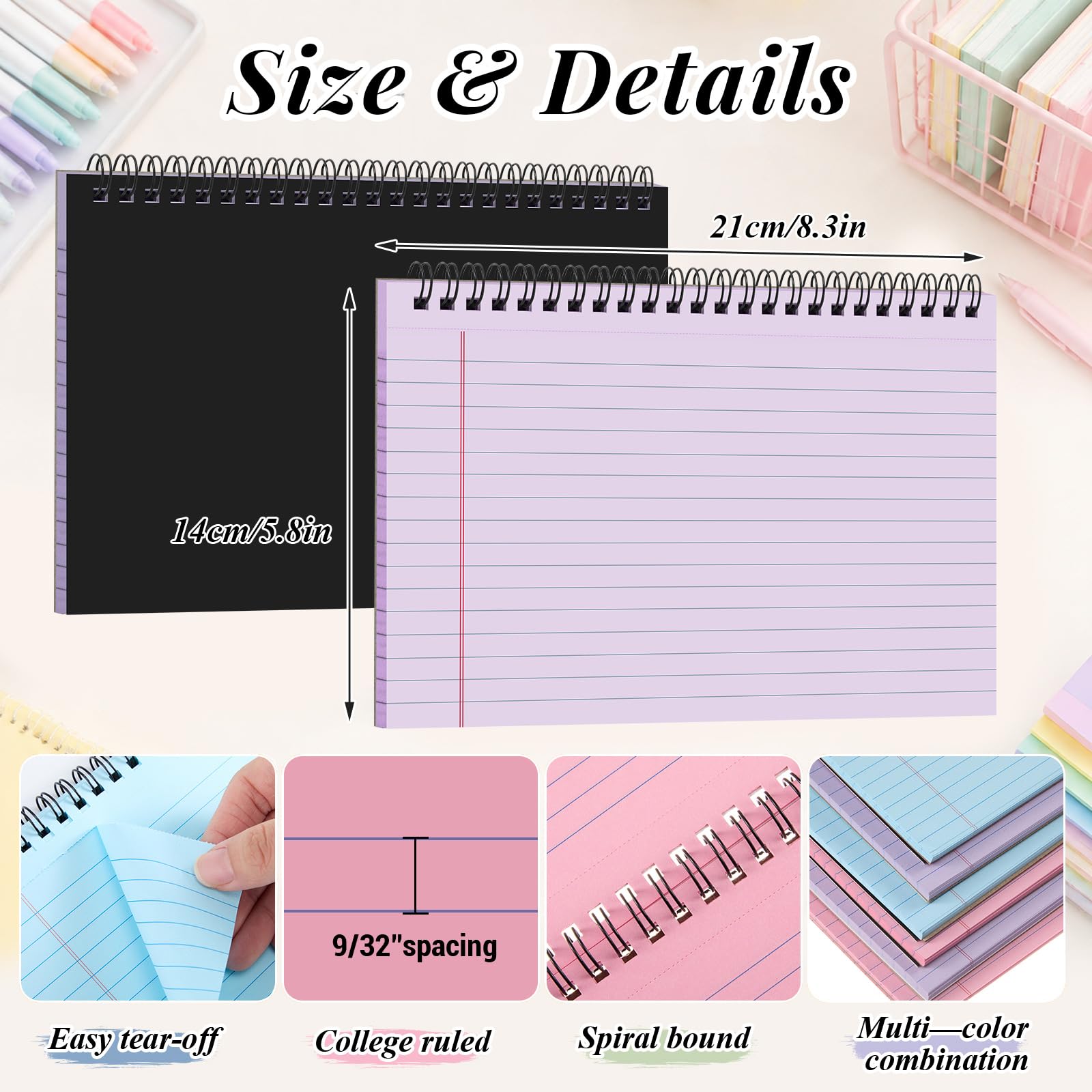 MotiMind Confezione da 6 quaderni a spirale da 21,1 x 14,7 cm, piccoli blocchi per appunti a righe perforati, 40 fogli ciascuno, piccolo blocco note Steno con copertina nera per casa e ufficio (colori
