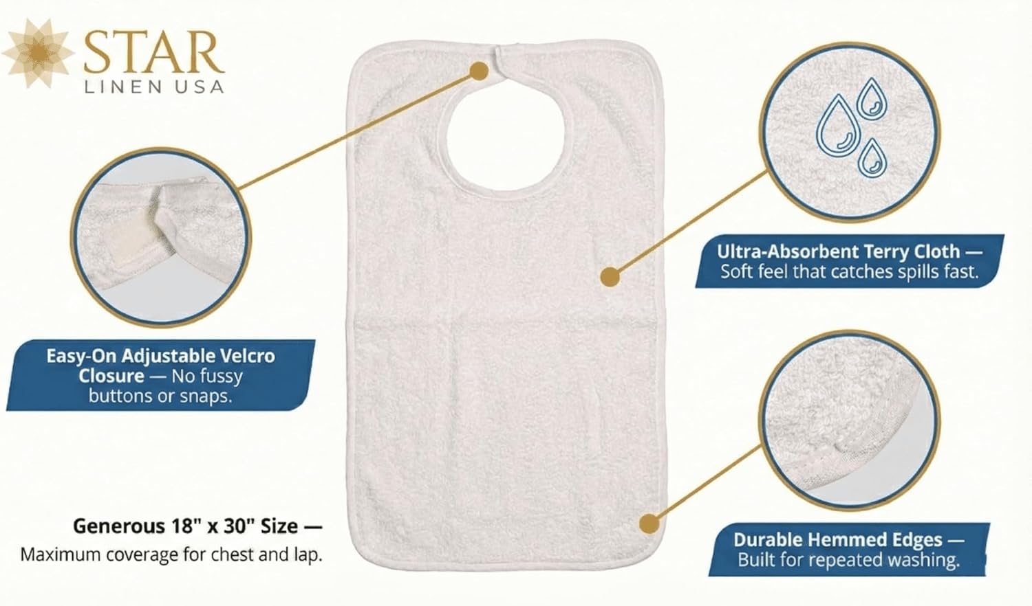 12 Adult Bibs Washable Reusable Terrycloth Clothing Protectors - White
