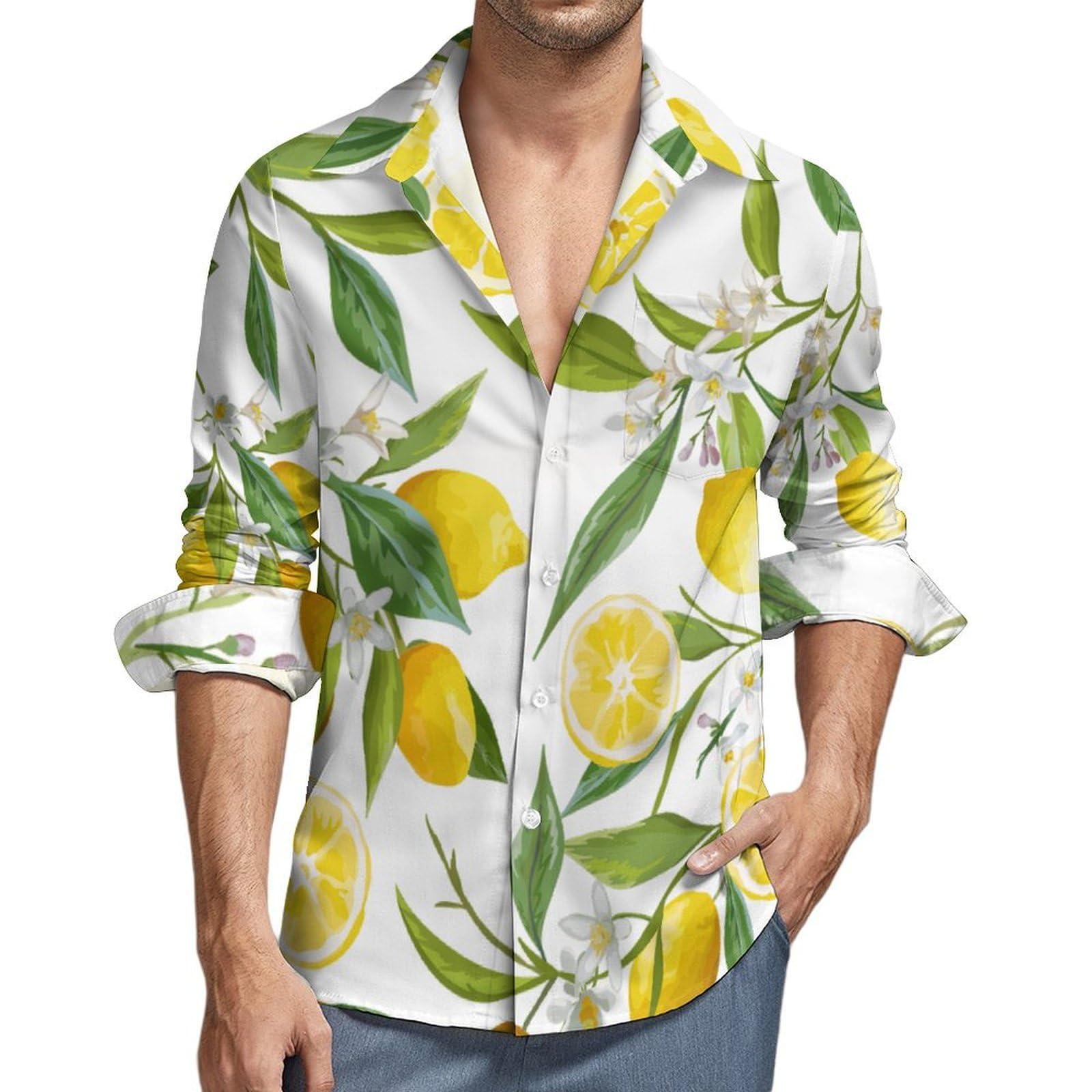 CZZYH Casual Mens Shirts Long Sleeve, Flower Leaf Lemon Mens Shirts