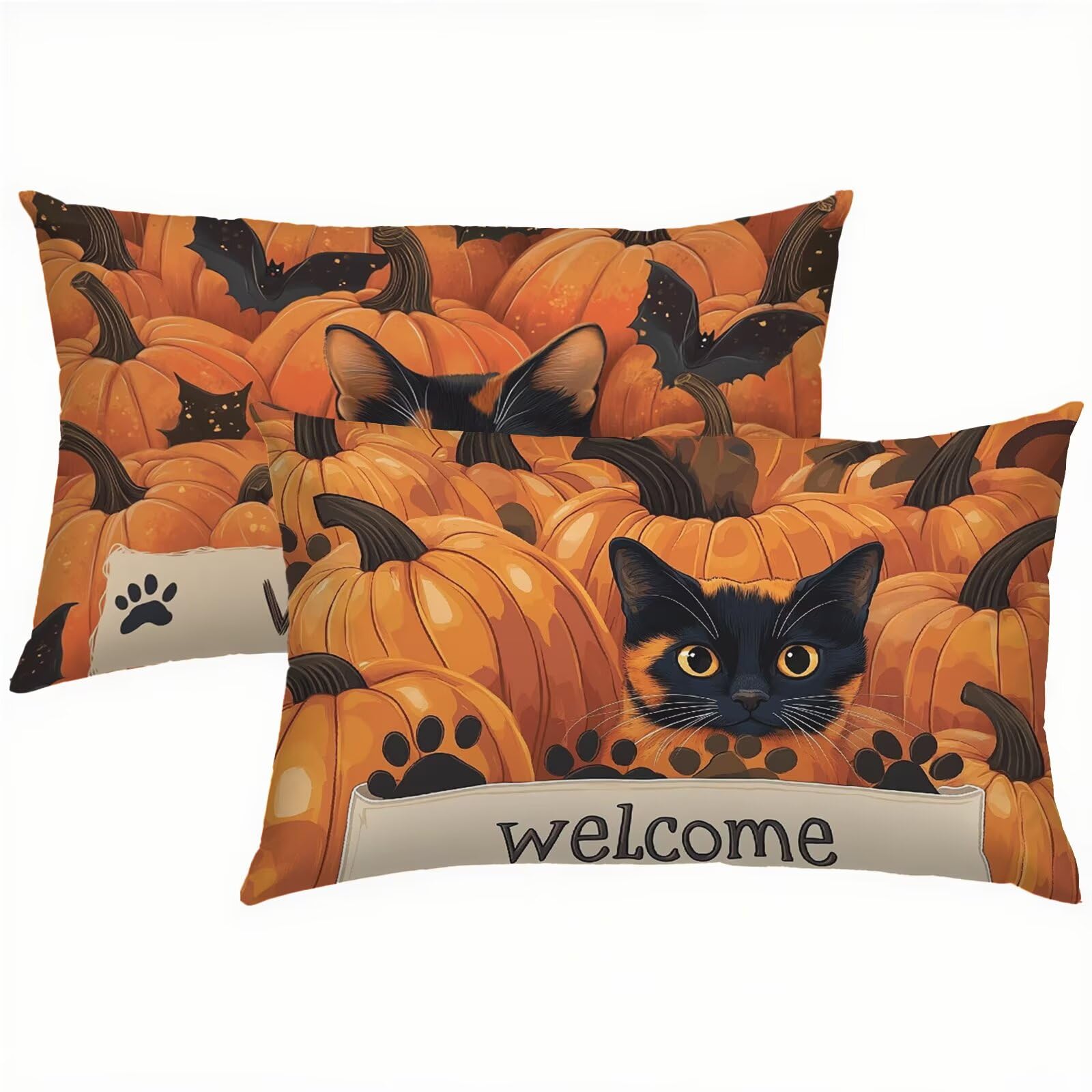Lot de 2 taies d'oreiller chat 50x80 cm en velours orange imperméable pour canapé