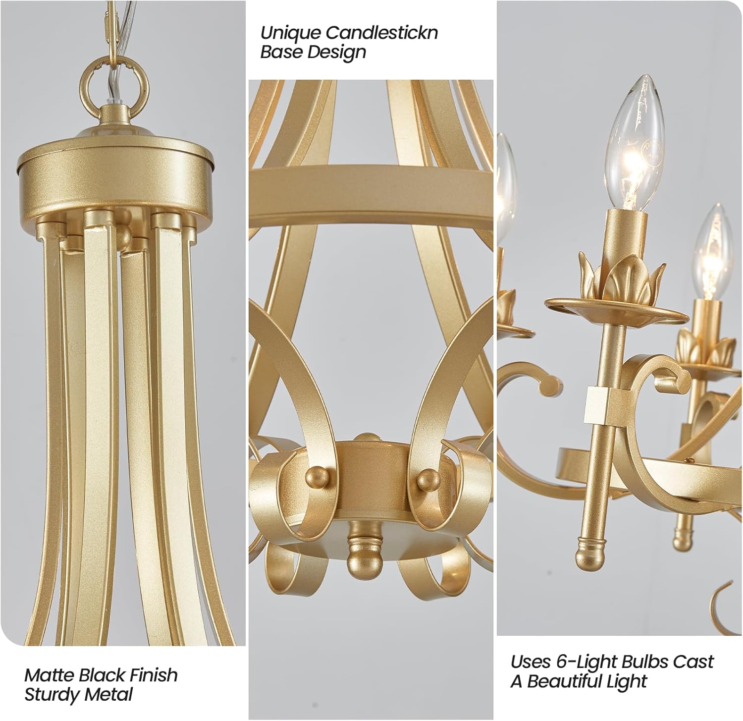 Modern Gold Candle Chandelier, 6-Light Farmhouse Chandeliers for Dining Room Lighting Fixtures Hanging, Dining Light Fixtures Iron Metal Pendant Light Fixture for Bedroom Living Room Kitchen Foyer