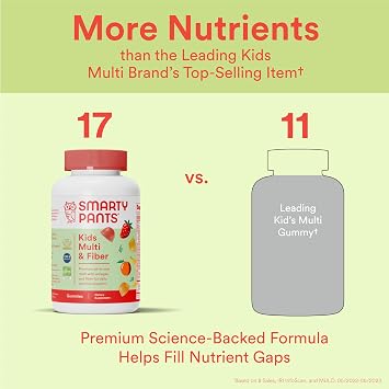 SmartyPants Kids Multivitamin Gummies and Fiber Supplement: Vitamin D3, C, Vitamin B12, B6, A, Zinc, Biotin, Inositol, Fiber Gummies, Three Fruit Flavors, 90 Count (22 Day Supply)