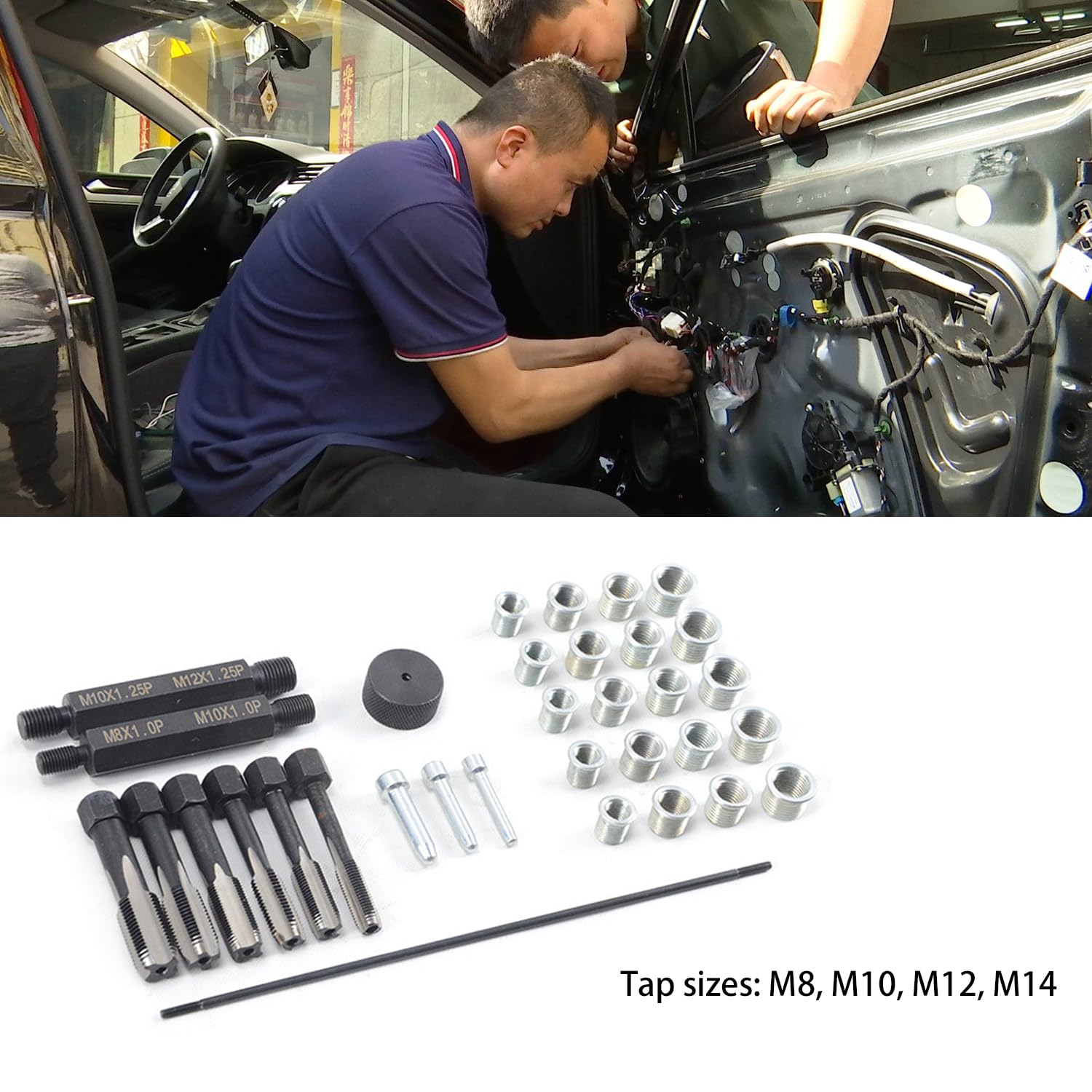 33 Pezzi Set di Riparazione Filettature,Kit di Ripristino Filettatura Metrica Testa Cilindro,per Auto M8 M10 M12 M14 Set di Utensili per Manicotti