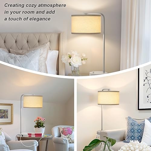 Miniatura 6 de Lámpara de mesa con puertos USB C+A, lámpara de mesita de noche totalmente regulable para sala de estar, lámpara de noche gris moderna, lámpara de