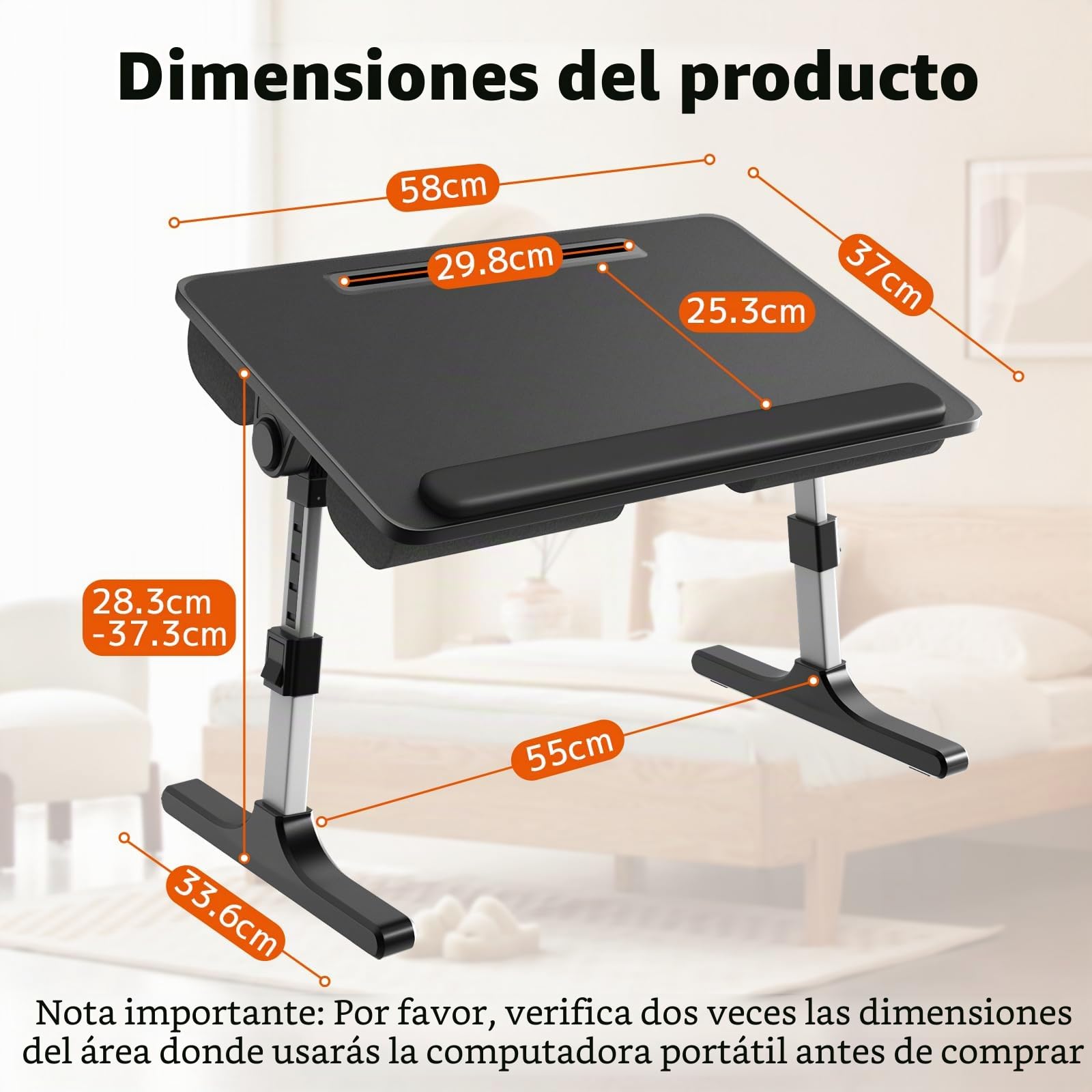 PUTORSEN Mesa para ordenador portátil - Altura y ángulo ajustables, cojín 2 en 1, para cama, sofá, suelo, 58 x 37 cm, negro