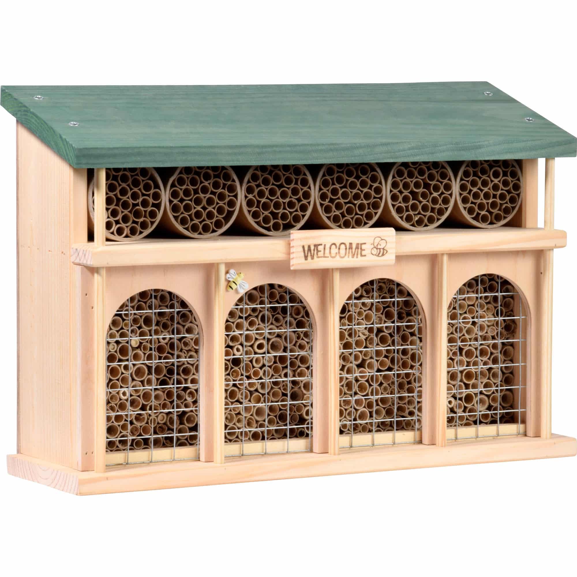 dobar® green label 22395FSCe Großes Wildbienenhotel "Dublin" - Insektenhotel für Wildbienen & Insekten - Bienenhaus aus Massivholz - hochwertige Insektennisthilfe - 44 x 13,5 x 30 cm - Grün
