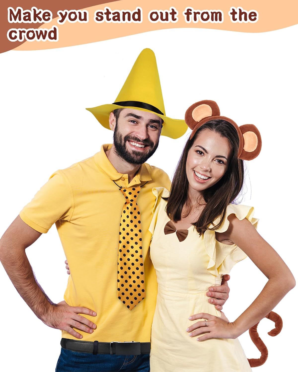 6 PCS Halloween Costume Set Yellow Hat, Polka Dot Tie, Monkey Ears Headband, Tail, Belt & Bow Tie Ideal for Halloween Cosplay Parties - Image 5