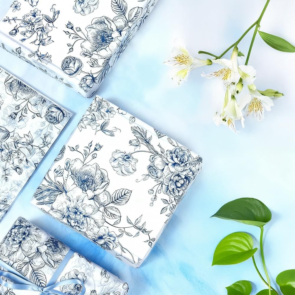 Vintage Blue Floral Gift Wrap Tissue Paper Set – Chinese-Inspired Peony Print, Multi-Purpose Decorative Sheets in Baby Blue & White