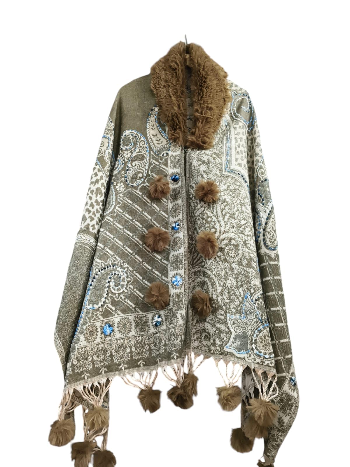 1Pcs Winter Woolen Shawl Collar Warm Open Front Poncho Cardigan Shrug Style Wrap with Tassel Fringe Hem and Sleeves for Women's and Girl's-image-32