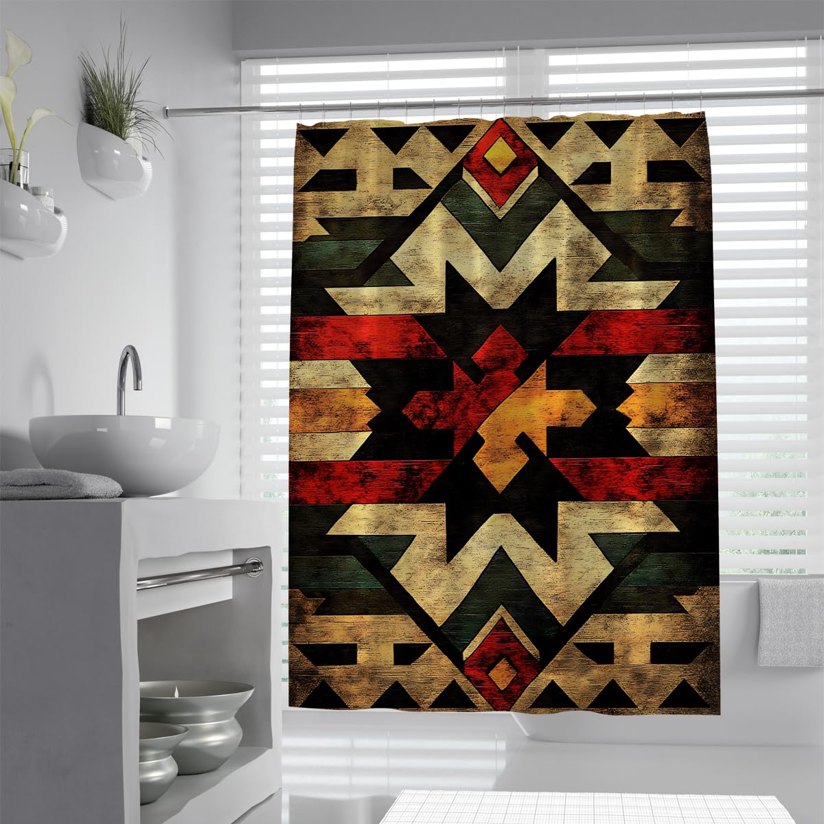 UERWOWELL Rustic Southwestern Shower Curtain Geometric Stepped Diamond Pattern Fabric Bath Curtain Aztec Style Bathroom Decor Waterproof & Washable W120xL200 cm