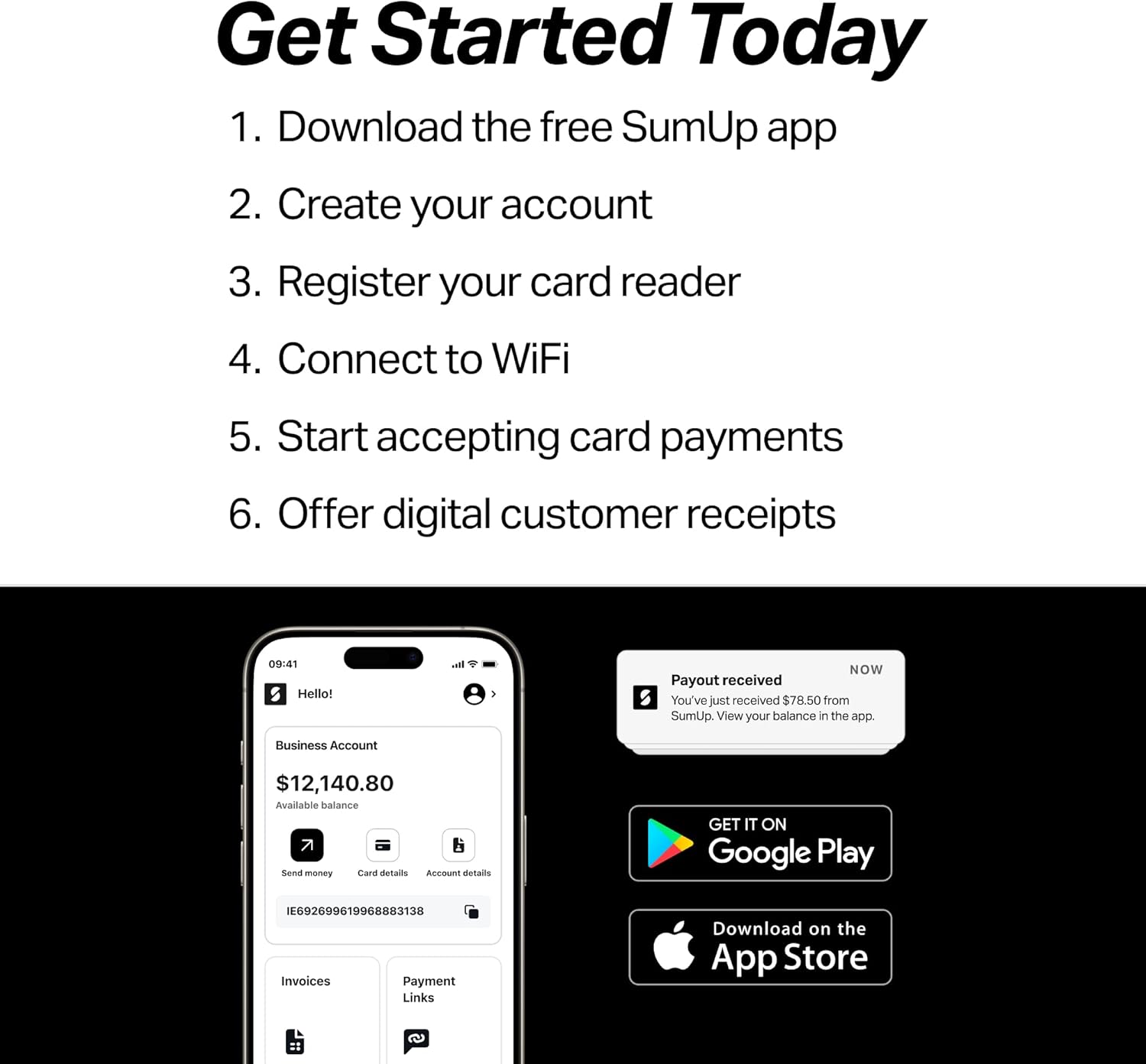 A graphic showing the six steps to get started with SumUp: Download app, Create account, Register reader, Connect to WiFi, Start accepting payments, Offer digital receipts.