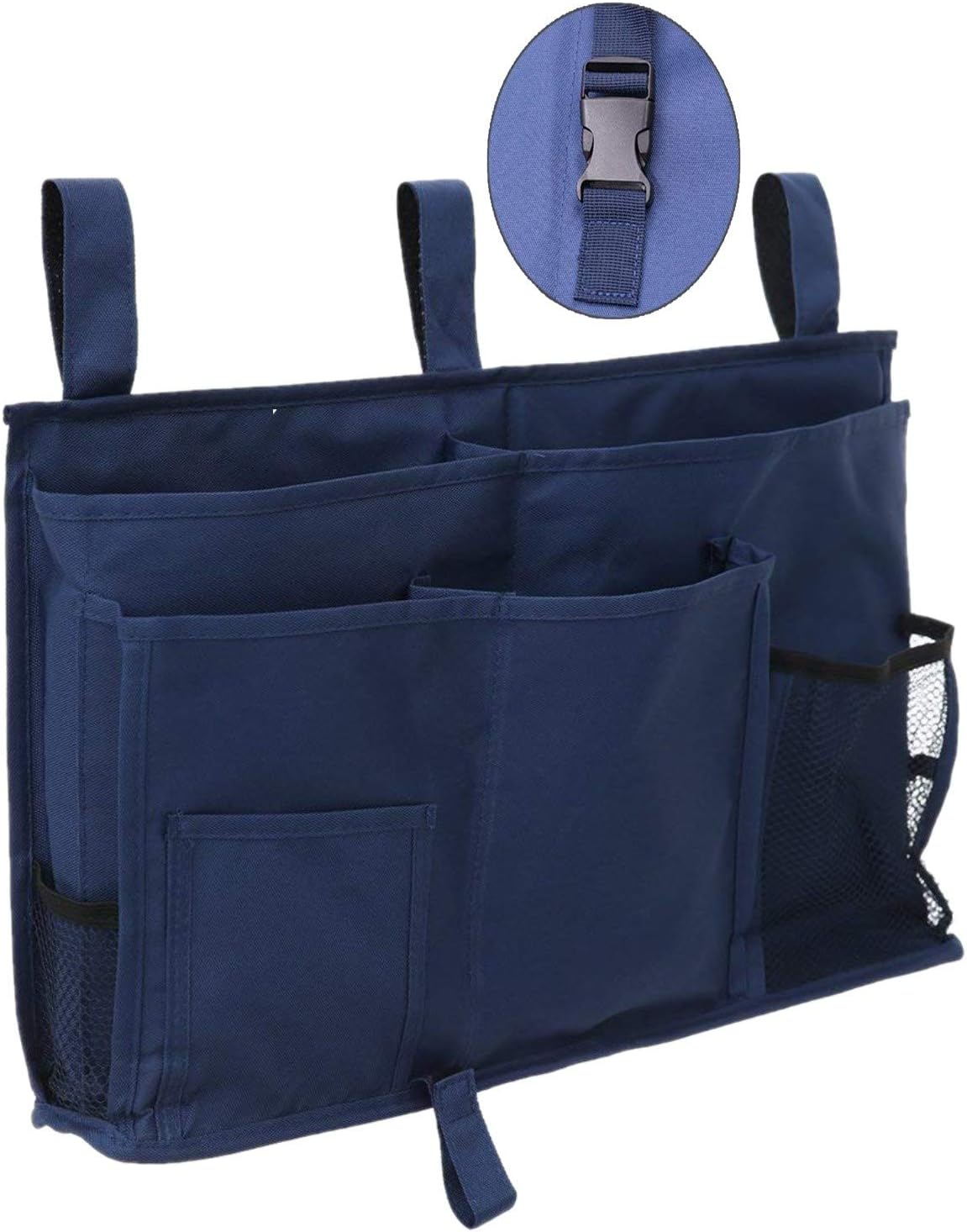 Bedside Caddy Improved With 3 POM Buckles -Hanging Organizer For Phone, Magazine, Accessory&Remote -Best For Dorm Room, Bunk Bed, Hospital Bed, Bed Rail, Headboard, Apartment, Bathroom&Travel