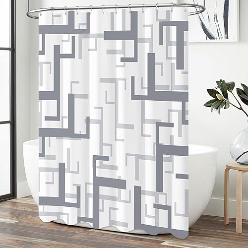 Miniatura 7 de BTTN Cortina de ducha gris y gris, juego de cortina de ducha de tela geométrica con 12 ganchos de metal, repelente al agua, lavable a máquina,