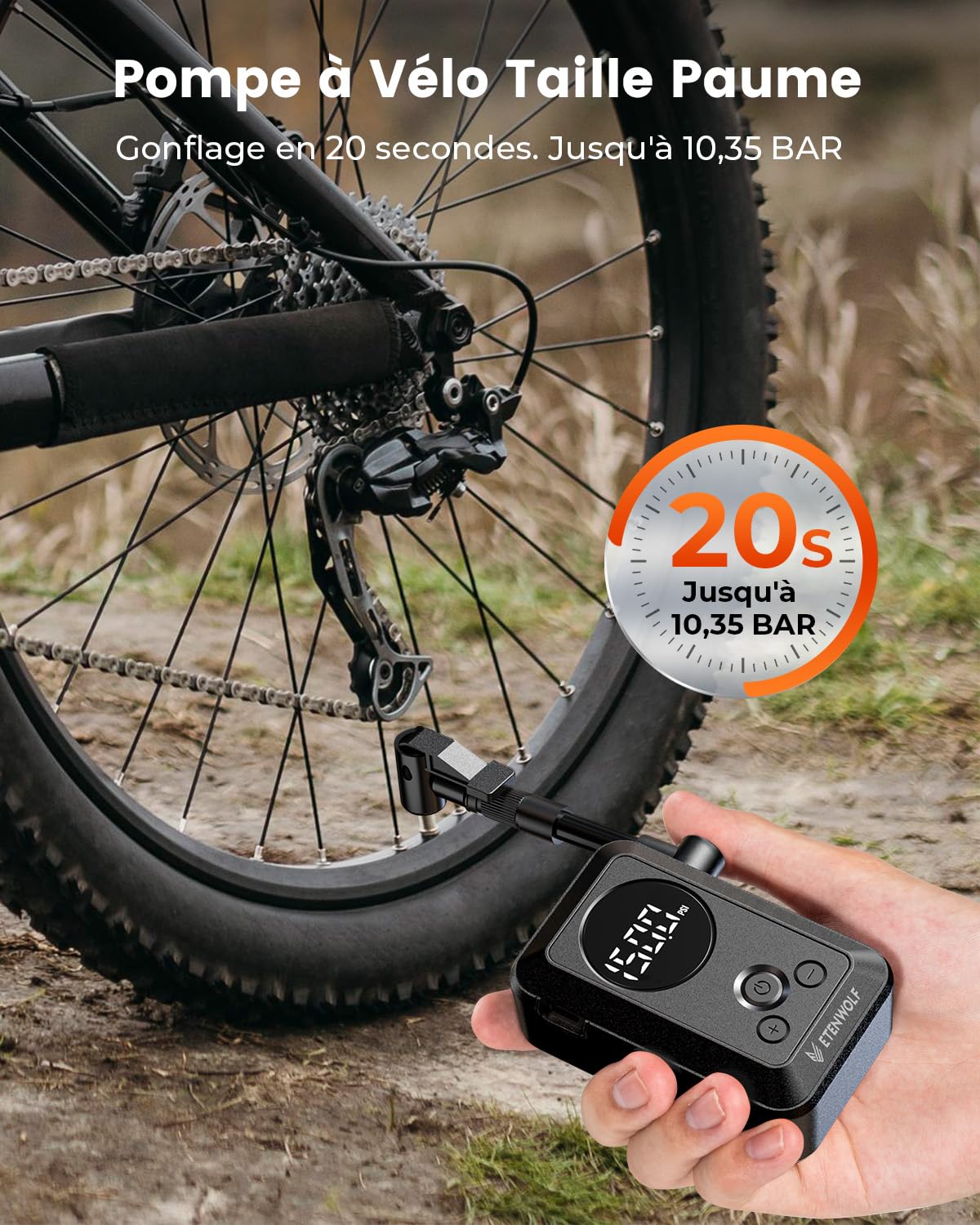 ETENWOLF Pompe à vélo électrique 10,34 Bar Portable avec valves Presta et Schrader